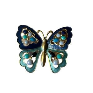 French-Inspired Enamel Butterfly Brooch Gold Tone